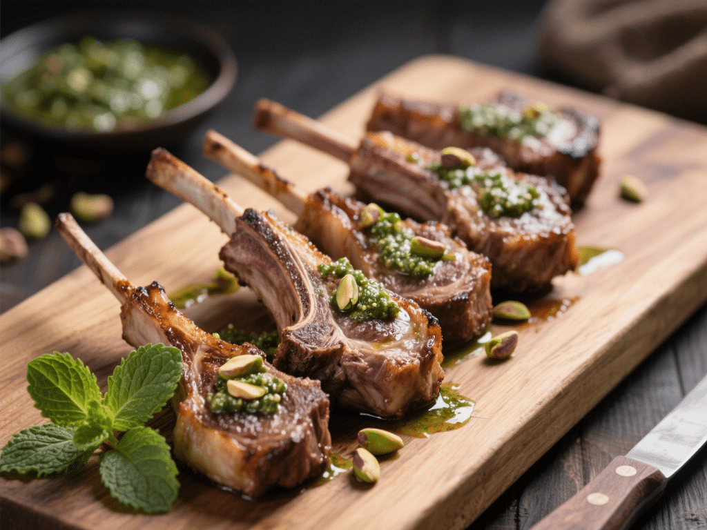 Grilled Lamb Chops with Mint Pistachio Pesto