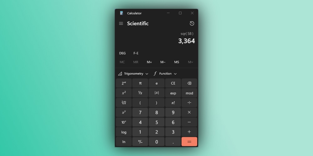 The scientific calculator mode in Windows 11's Calculator app.