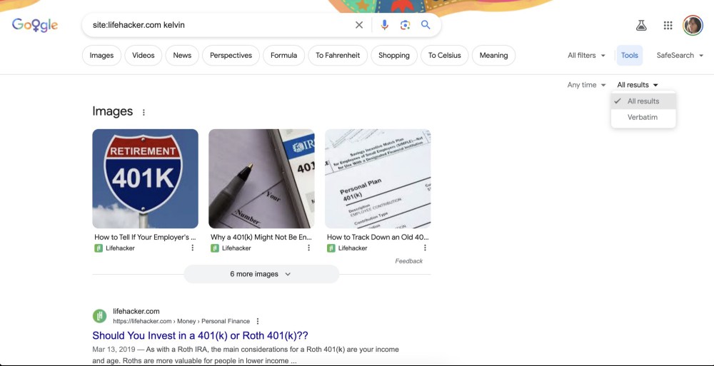 A search results page showing where to find the Verbatim tool
