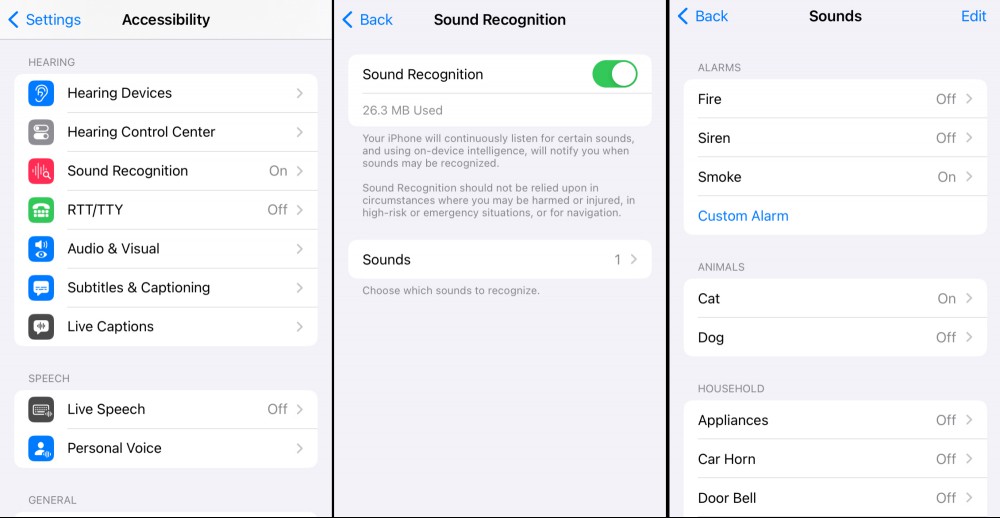 Three screenshots showing how to navigate to Sound Recognition in the System Settings and a bit of the list of supported sounds.