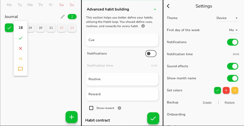 Three screenshots of the application in action. The first shows the various statuses you can apply to a habit, including failure to complete and skipping. The second shows the advanced habit setting, which allow you to specify a routine and reward. The third shows the settings for the application.