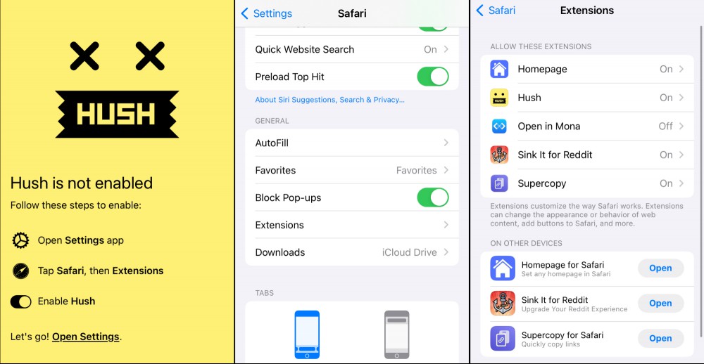 The mobile screenshots. The left is the app itself, which doesn't do anything but tell you how to enable the Safari extension. The middle screenshot shows the Safari settings. The right screenshot shows the extension settings, where you can enable the extension.
