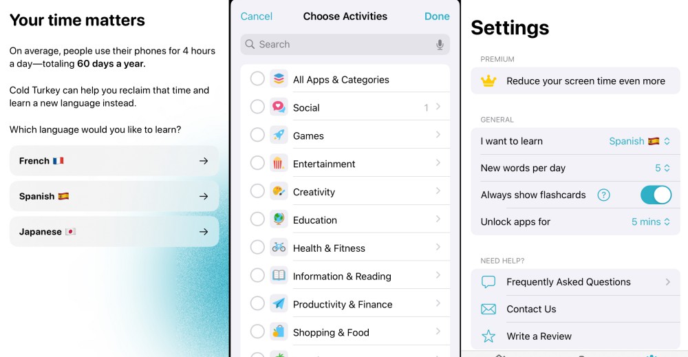 Three screenshots showing the settings of Cold Turkey. The first shows the language selection, which offers French Spanish and Japanese. The second shows categories you can block. The third shows the settings, where you can configure how many words you want to learn in a day and how long applications should remain unblocked.