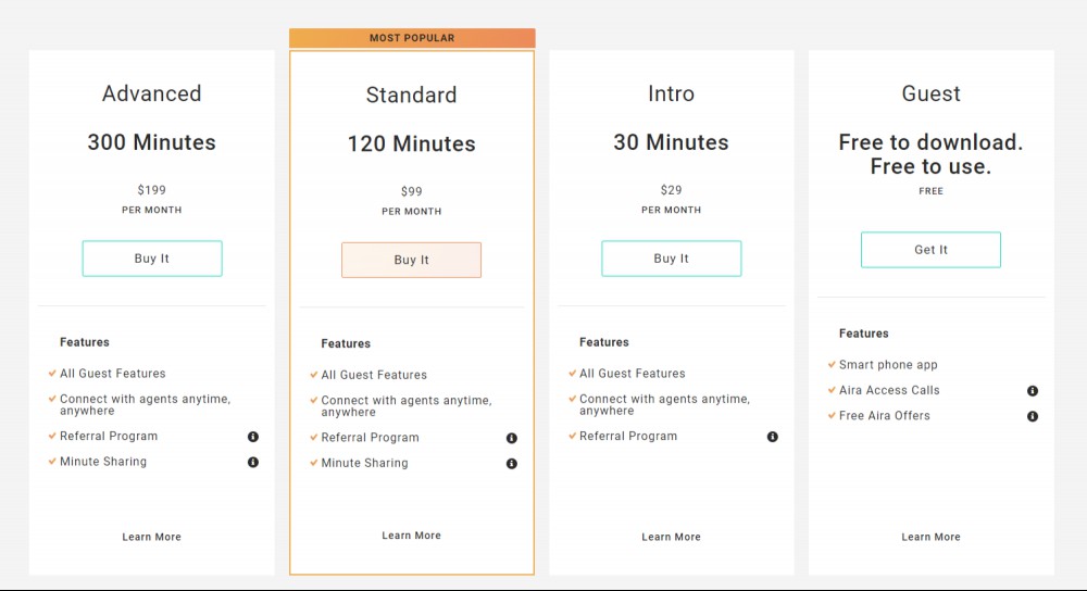 Screenshot listing rate tiers for Aria, from free to $29 for 30 minutes, to $99 for 120 minutes, to $300 per month for 300 minutes