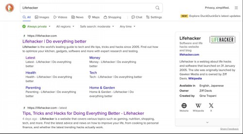 A DuckDuckGo search for the word "Lifehacker"