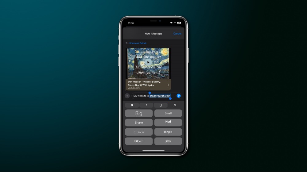 A screenshot of text formatting options in iOS 18's Messages app.