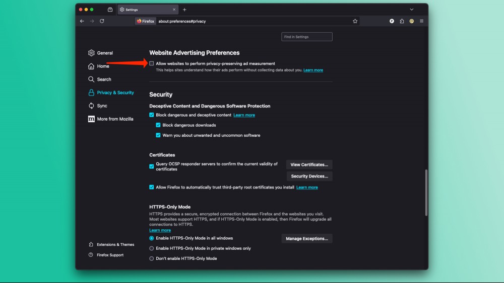 A screenshot of Firefox, showing how to disable privacy-preserving ad measurement.