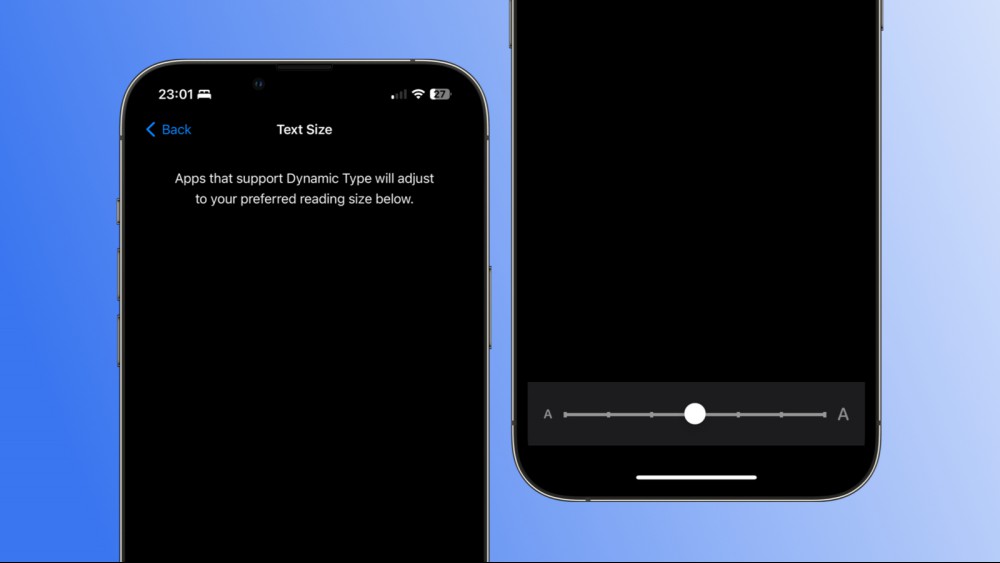 A screenshot of an iPhone against a blue gradient background, showing the font size slider in settings.