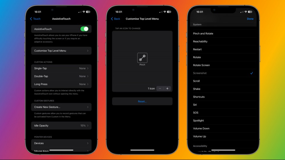 Three iPhones against a rainbow background, showing how to navigate to Assistive Touch Settings > Customize Top Level Menu > Screenshot.