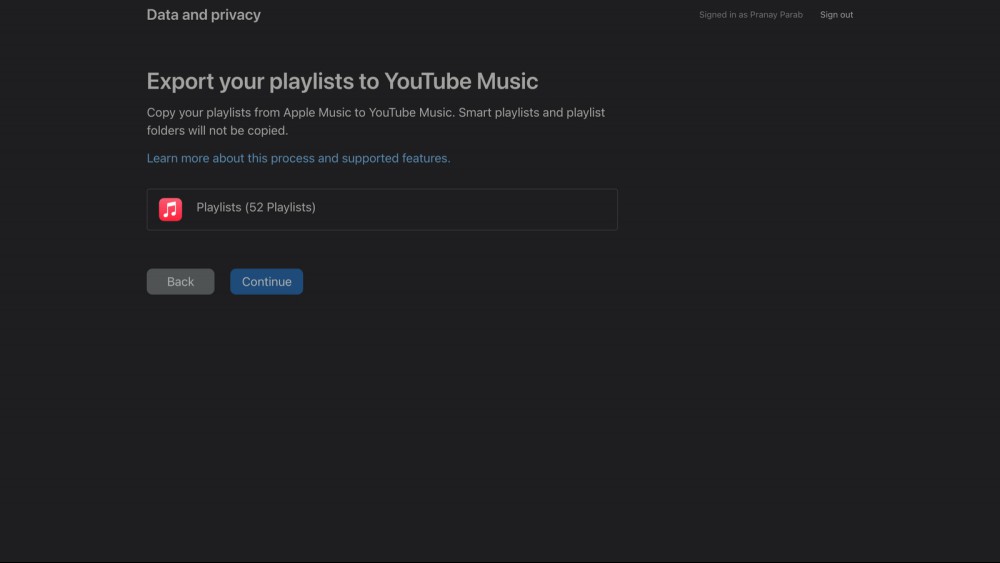 A webpage titled, "Export your playlists to YouTube Music," with a blue Continue button indicating the next stage of the transfer process from Apple Music.