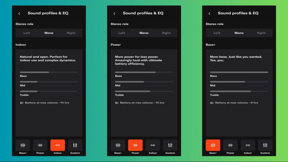 The EQ preset options on the Soundboks app.