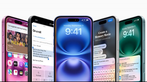 Five colors of the iPhone 16, with Apple Intelligence features on screen.