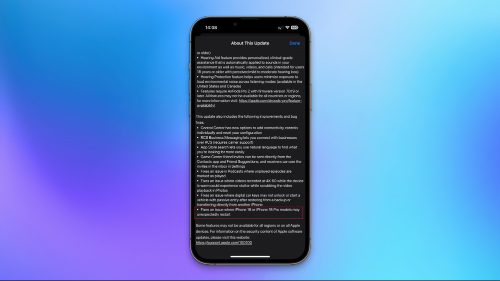 Release notes for iOS 18.1, highlighting the part that says "Fixes an issue where iPhone 16 or iPhone 16 Pro models may unexpectedly restart."