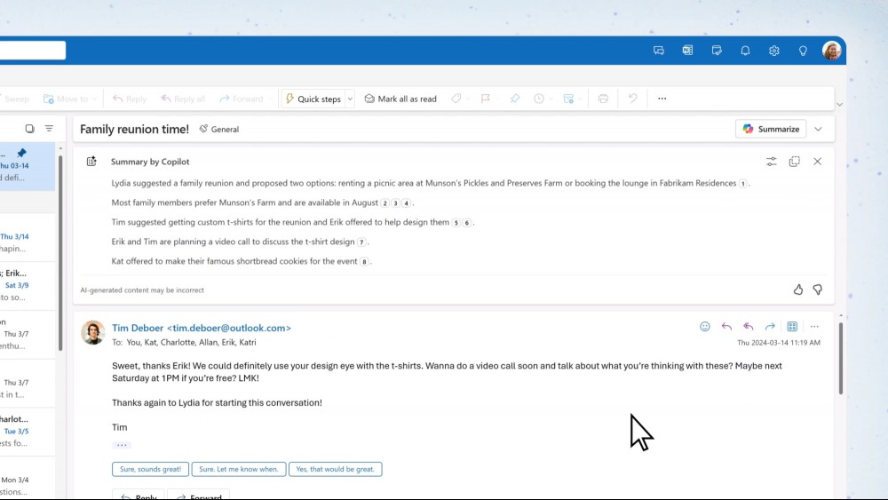 Copilot summarizing an email thread