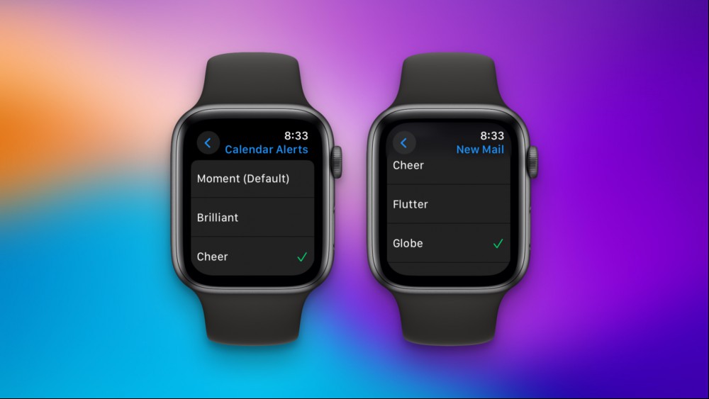 Two Apple Watch screenshots showing different alert tones for Calendar and Mail.