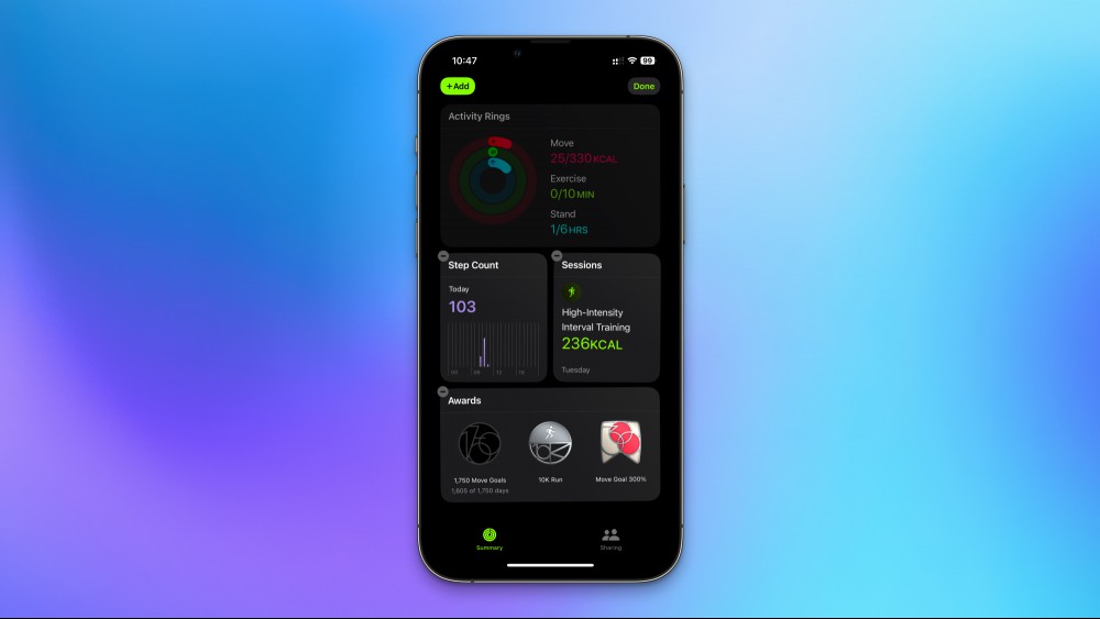 The Fitness app in iOS 18, showing the widgets in jiggle mode, which lets you delete unwanted cards.