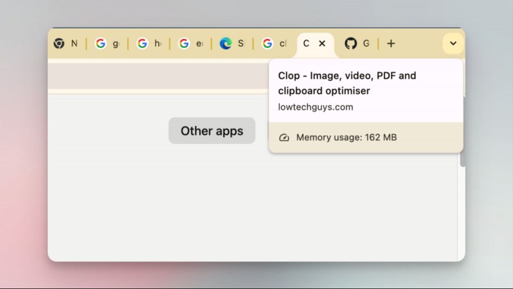 Seeing memory usage for a Chrome tab on hover menu.