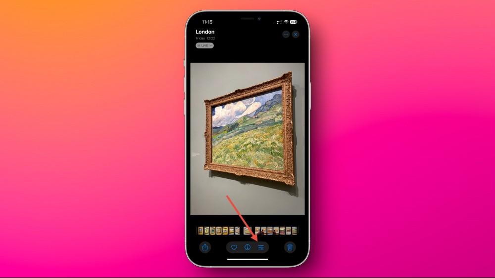 An arrow points to the Edit button in the iOS 18 Photos app.