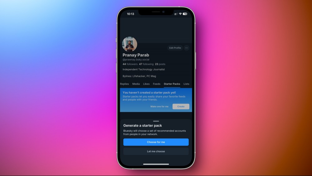 The create starter pack pop-up on an iPhone in the Bluesky app.