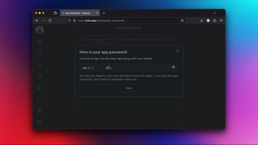 A browser window showing a new app password in Bluesky.