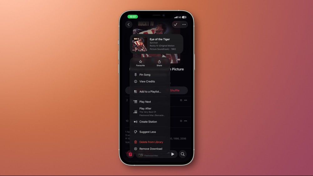 Apple Music in iOS 26 with the context menu open for Eye of the Tiger, showing the Pin Song button.