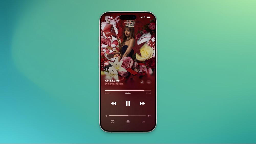Apple Music on an iPhone with a song playing. The seek bar is glowing and a message below it reads: Mixing.