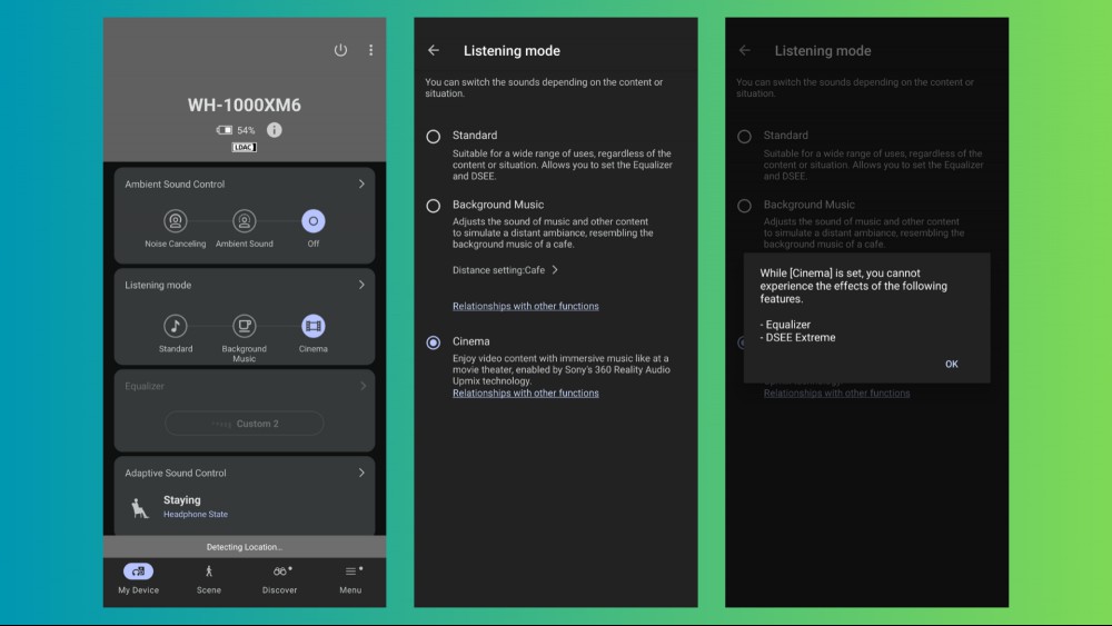Three screenshots from the Sony app.