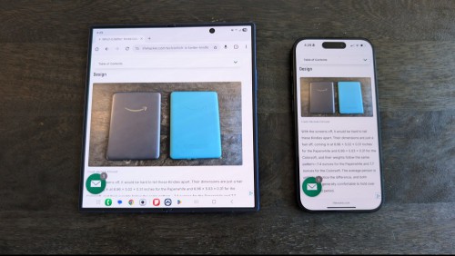 The Galaxy Z Fold 7 (left) next to an iPhone 15 Pro (right).
