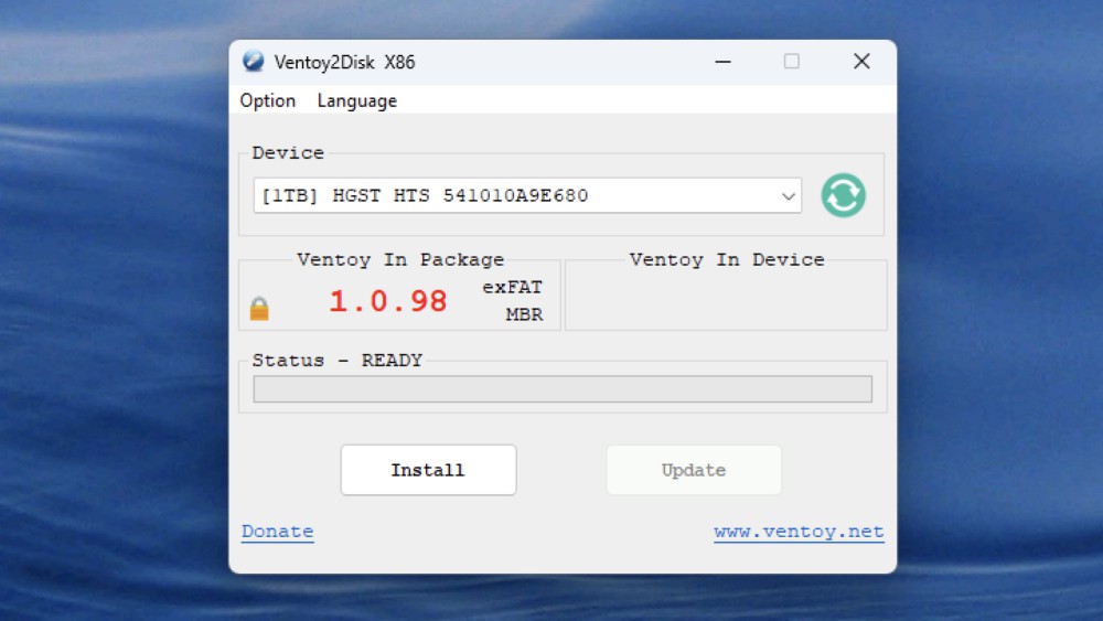 A screenshot of Venter's Windows version, which asks you which drive you want to re-format above an "Install" button. 
