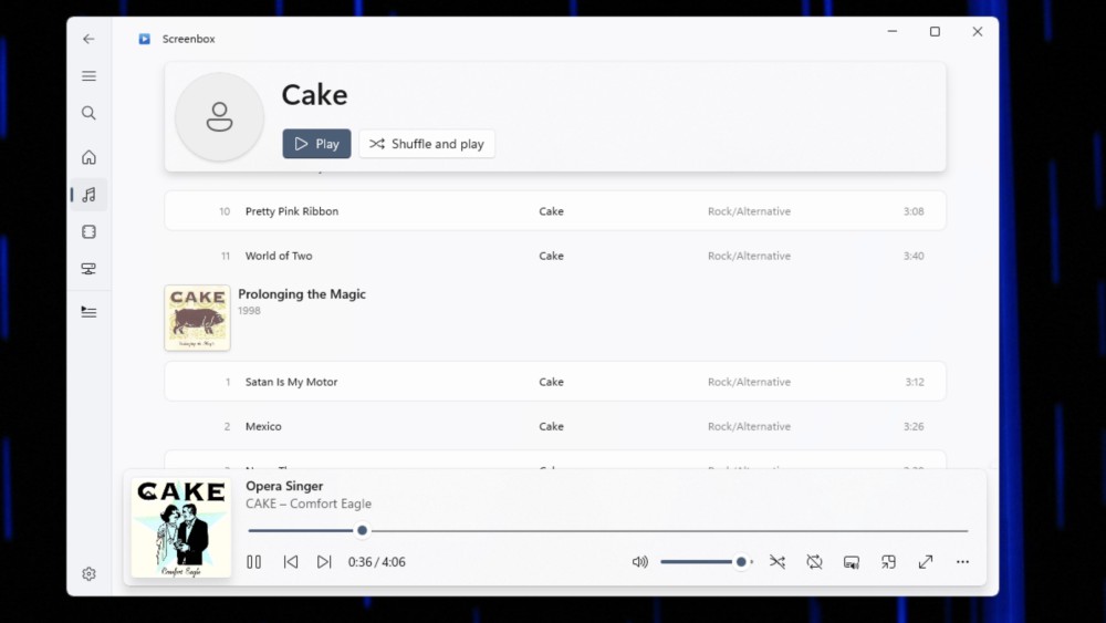 A screenshot showing the user scrolling through CAKE's discography in Screenbox
