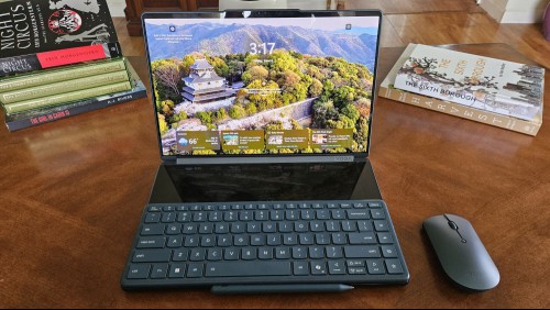 The Lenovo Yoga Book 9i in laptop mode.