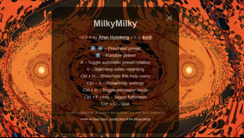 Another trippy graphic overlaid with a window, this time outlining all keyboard shortcuts for the app