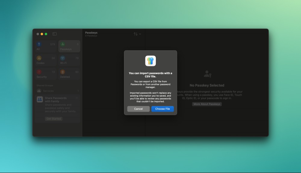 The Import Passwords pop-up in Apple Passwords on a Mac.