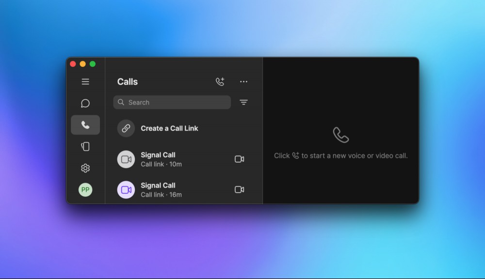 The calls tab in Signal's desktop app.