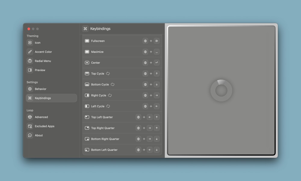A screenshot of the keyboard shortcuts screen in Loop for Mac