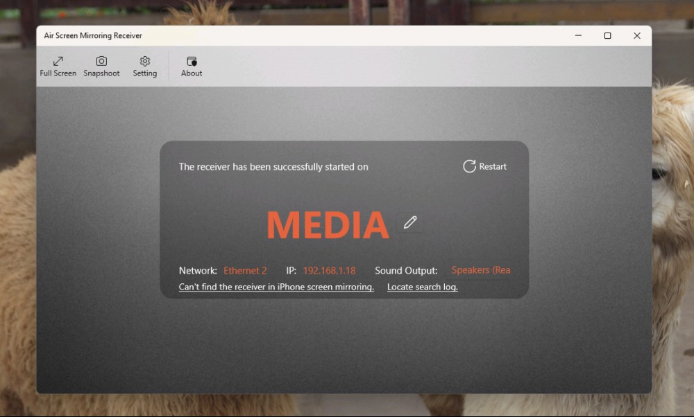 A screenshot of Air Screen Mirror Receiver, complete with the server's name, IP address, and audio settings.