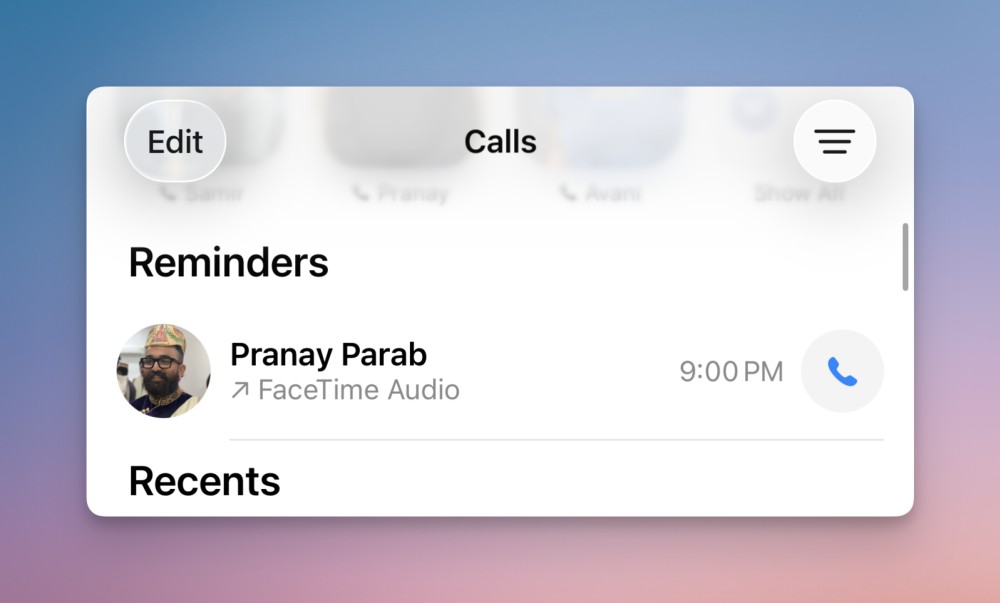 Reminder to make a call on top of the Phone app.
