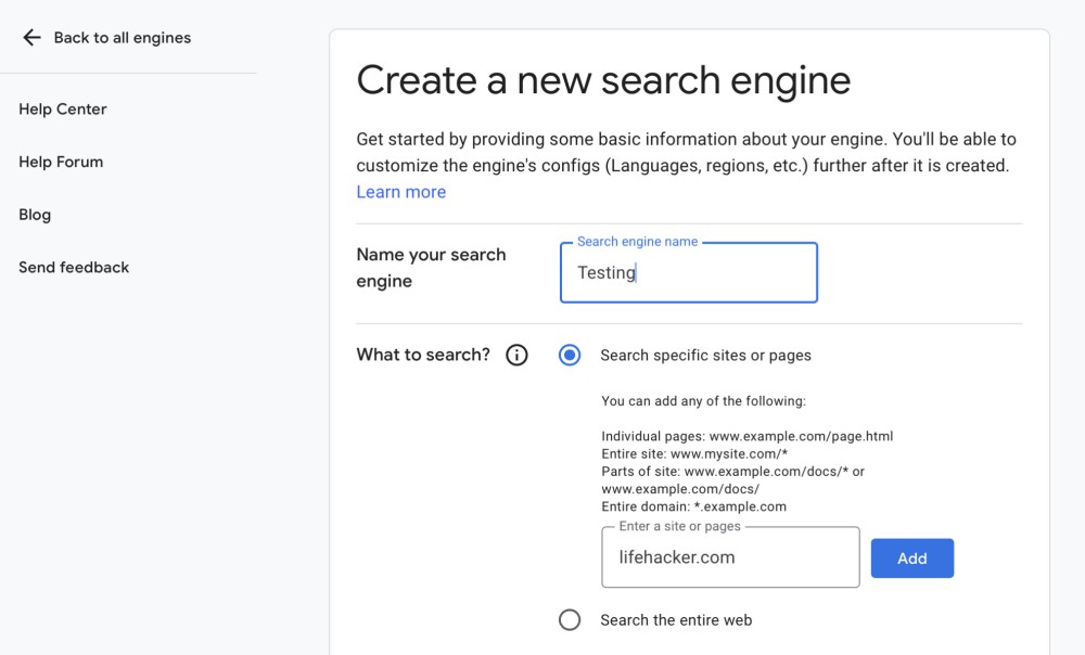 The first step of creating a custom search engine.