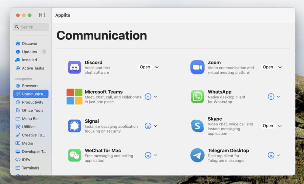 The "Communication" section of Applite, which offers downloads fro Skype, Zoom, WhatsApp, and more. 