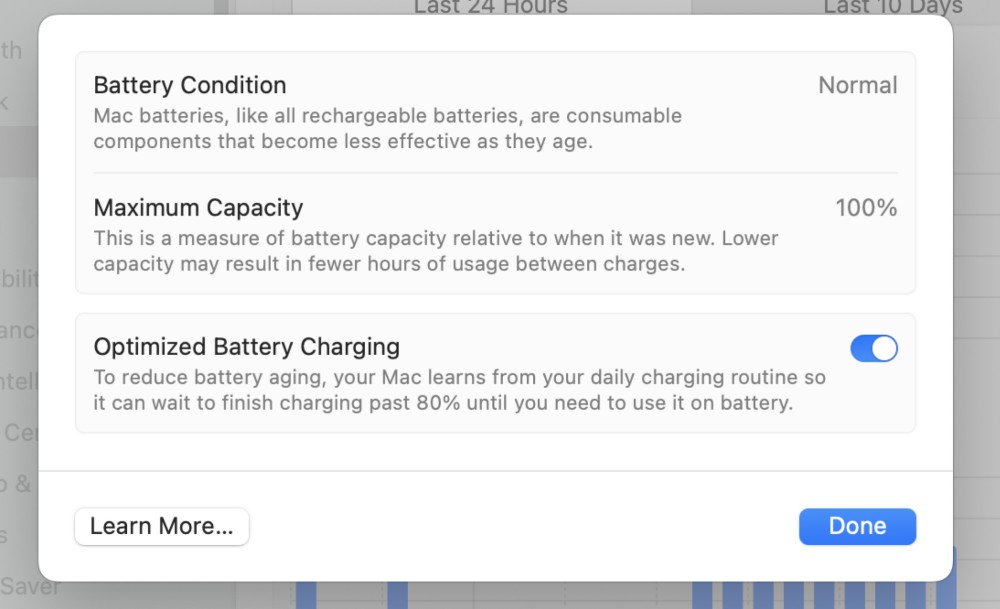 The panel where you can disable Optimized Battery Charging, if you'd like.