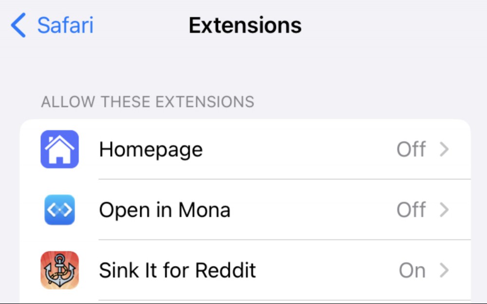 Screenshot of Safari extensions