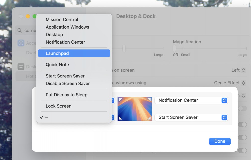 The drop down menu reveals all of the actions that can be triggered: Mission Control, Application Windows, Desktop, Notification Center, Launchpad, Quick Note, Start Screen Saver, Disable Screen Saver, Put Display to Sleep, and Lock Screen.