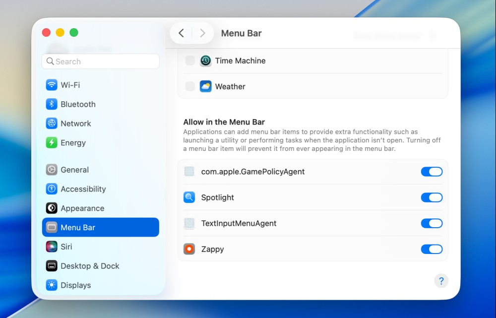 The macOS settings app in Tahoe showing the menu bar settings. There's a feature for hiding icons from any application.