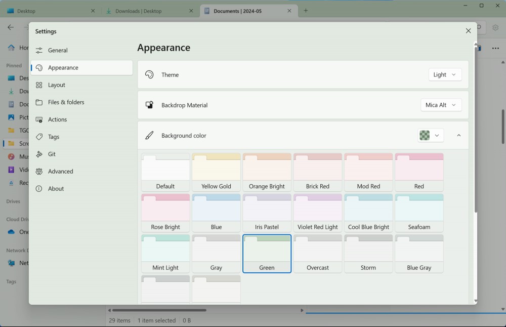 UI options in Files app.