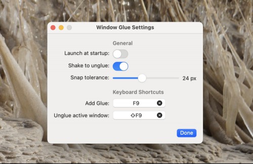 The settings for Glue with options for launching at startup, shaking to unglued, shake to unglued, snap tolerance, and keyboard shortcuts.