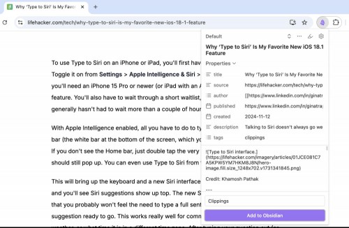 The web clipper in action. You can see the properties that will be clipped along with a bit of the document.