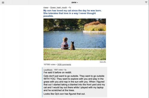 Another cute Reddit post, this time with a toddler and a cat sitting outside by a pond. There's a comment: "Cats don't just want to go outside. They want to go outside WITH YOU. They want to explore with you and play in the grass with you and nap in the sun with you. When I figured that out I started taking a blanket into the front yard and my cat and I would lay out there while I played with my laptop and he scratched at the trees."