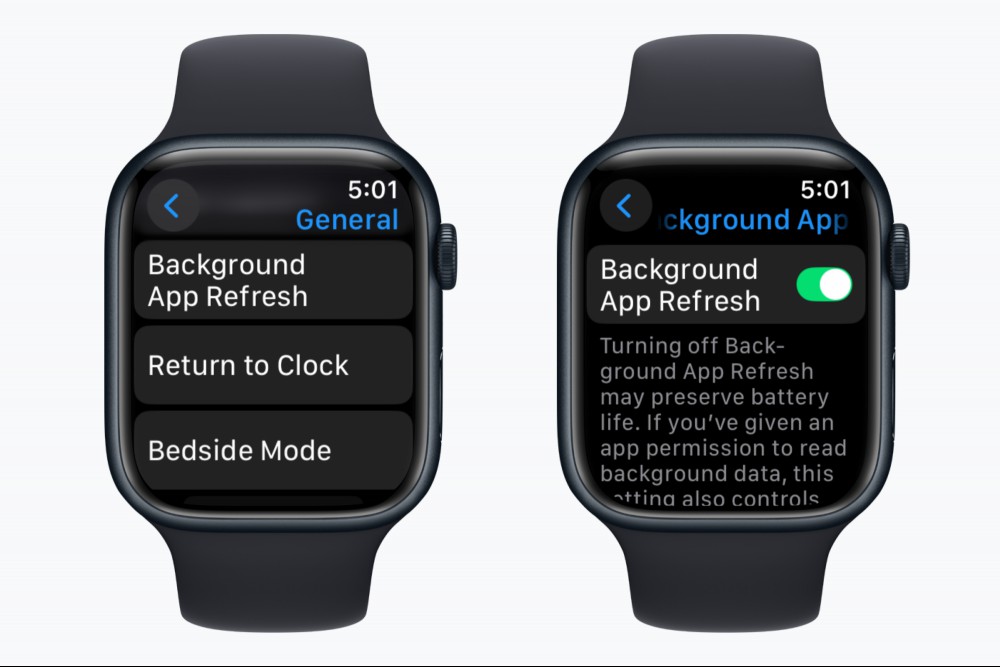 Disabling Background App Refresh on Apple Watch.