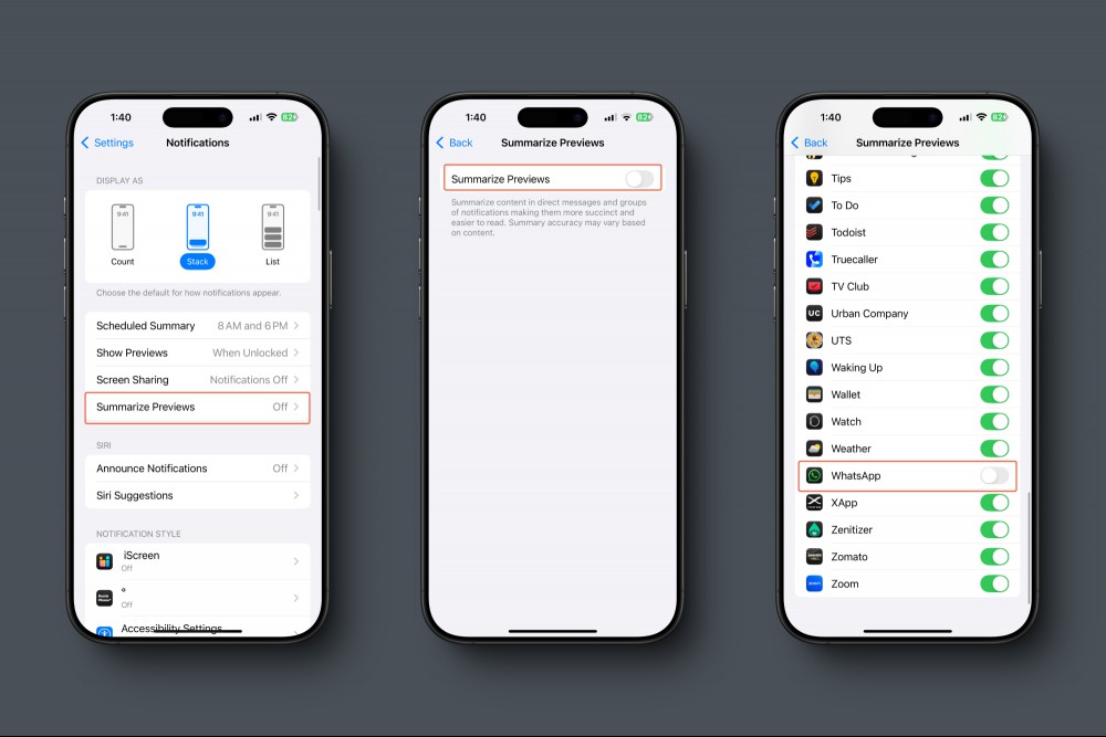 Turning off Notification Summaries Preview for iPhone.