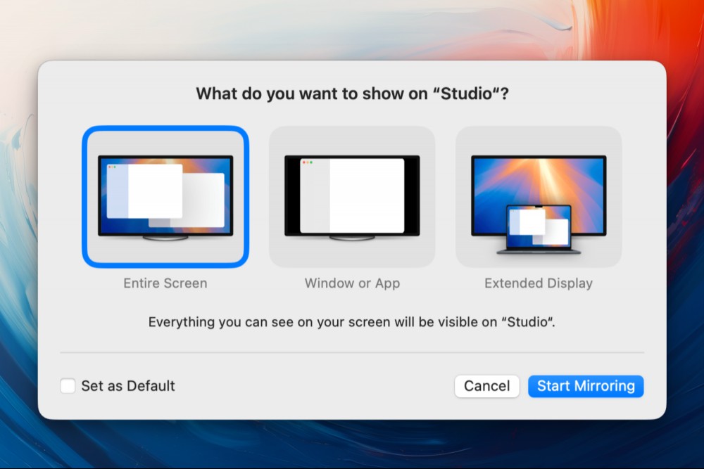 Mirroring options in macOS Sequoia.